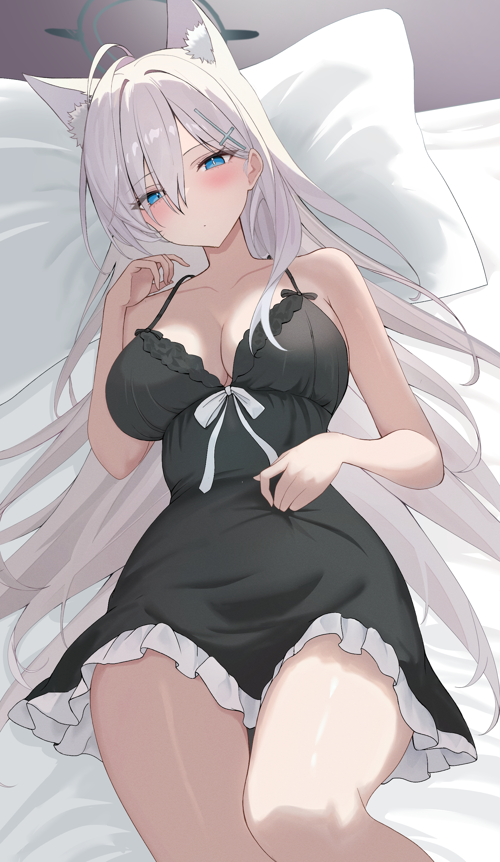 eikawa suru, shiroko terror (blue archive), blue archive, absurdres, highres, 1girl, animal ear fluff, animal ears, bare arms, bare shoulders, black dress, blue eyes, blush, breasts, cleavage, closed mouth, collarbone, cowboy shot, cross hair ornament, dot mouth, dress, frilled dress, frills, hair between eyes, hair ornament, half-closed eyes, halo, hand up, head on pillow, large breasts, long hair, looking at viewer, lying, on back, on bed, pillow, ribbon, short dress, solo, spaghetti strap, very long hair, white hair, white ribbon