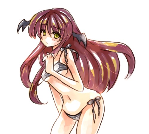 yutsuka, yutsuka (amyucca), koakuma, embodiment of scarlet devil, touhou, lowres, 1girl, bat wings, bikini, breasts, female focus, green eyes, head wings, long hair, red hair, side-tie bikini bottom, solo, striped bikini, striped clothes, swimsuit, underboob, wings