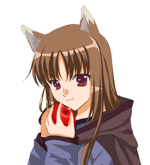 sinko (sinsin), holo, spice and wolf, animated, animated gif, 00s, 1girl, :3, animal ears, apple, blush, brown hair, closed eyes, eating, fang, female focus, food, fruit, happy, holding, holding food, holding fruit, long hair, red eyes, simple background, solo, white background, wolf ears