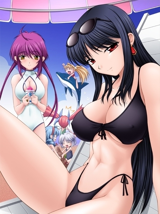 hiiragi hinano, hiiragi kaname, hiiragi serori, hiiragi takane, hiiragi tomoe, hiiragi umi, nee chanto shiyou yo!, 00s, 6+girls, ^^^, ^ ^, ahoge, beach, bikini, black hair, blonde hair, blue hair, blush, bob cut, braid, breasts, brown eyes, building sand sculpture, casual one-piece swimsuit, chair, chibi, child, cleavage, cleavage cutout, closed eyes, clothing cutout, cloud, covered erect nipples, day, dolphin, earrings, everyone, eyewear on head, female focus, flat chest, hair ribbon, hairband, highleg, highleg bikini, jewelry, jumping, large breasts, long hair, looking at viewer, lounge chair, multiple girls, one-piece swimsuit, outdoors, ponytail, purple hair, ribbon, riding, sand, sand castle, sand sculpture, school swimsuit, short hair, side-tie bikini bottom, single braid, sitting, sky, smile, splashing, standing, sunglasses, surprised, swimsuit, thighs, twintails, umbrella, underboob, very long hair, white hair, yellow eyes