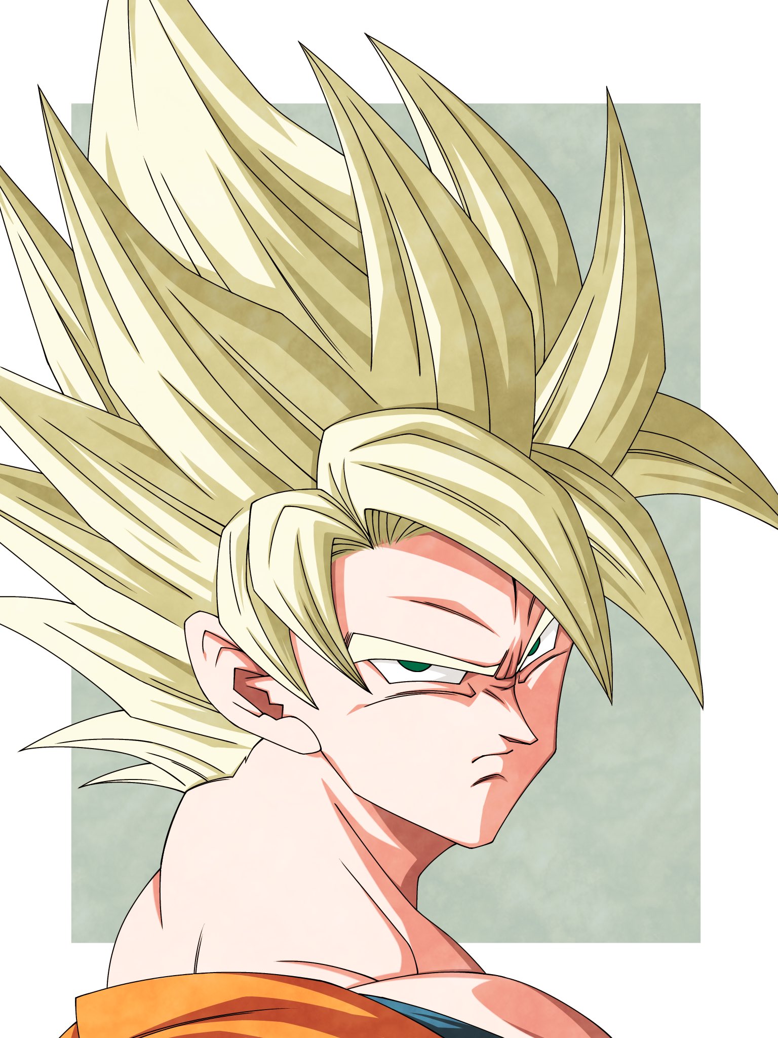 son goku, dragon ball, dragonball z, highres, 1boy, blonde hair, border, green eyes, grey background, male focus, medium hair, orange shirt, shirt, simple background, solo, spiked hair, super saiyan, super saiyan 1, toooe pompri, upper body, white border