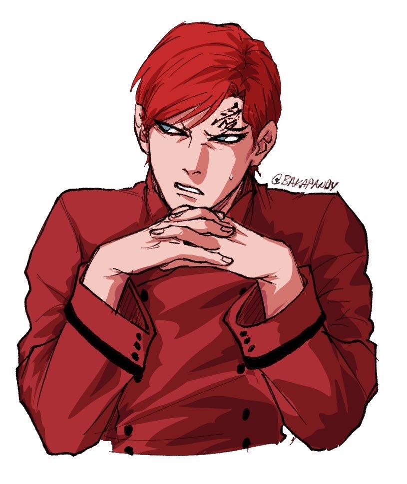 bakapandy, gaara (naruto), boruto: naruto next generations, naruto (series), commentary, english commentary, 1boy, chinese clothes, cropped torso, forehead tattoo, interlocked fingers, jacket, male focus, red hair, red jacket, solo, sweatdrop, tattoo, tumblr username, upper body