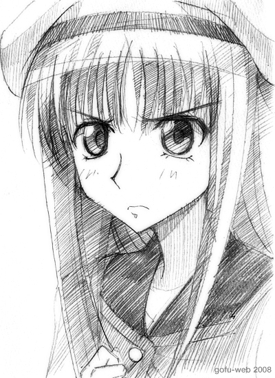 gofu, holo, spice and wolf, traditional media, 00s, greyscale, monochrome, sketch, solo