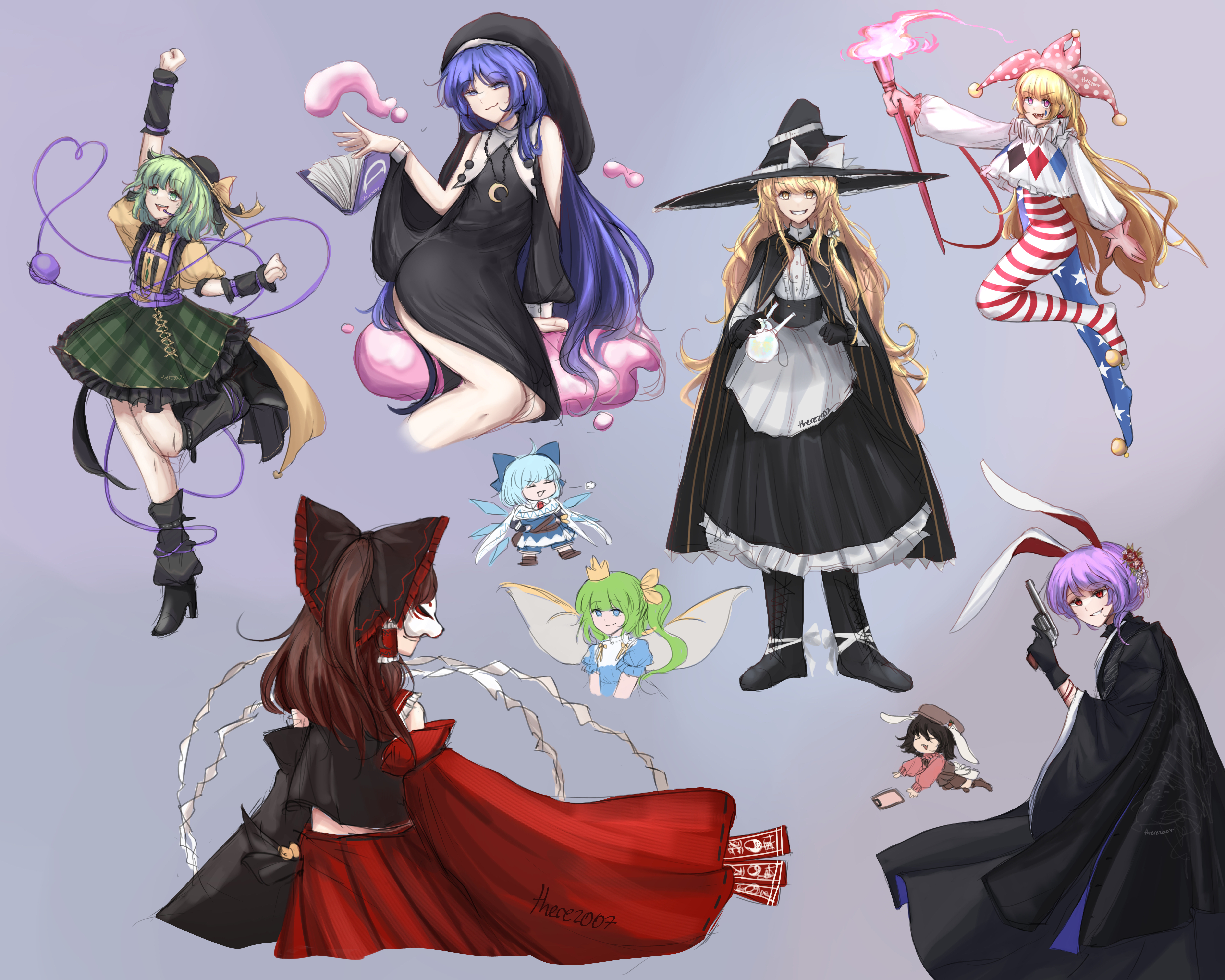 there2007, cirno, clownpiece, daiyousei, doremy sweet, hakurei reimu, inaba tewi, kirisame marisa, komeiji koishi, reisen udongein inaba, touhou, touhou hero of ice fairy, absurdres, commentary, english commentary, highres, 6+girls, adapted costume, alternate color, alternate costume, american flag, american flag print, animal ears, apron, artist name, asymmetrical sleeves, bad anatomy, bad hands, black boots, black bow, black dress, black gloves, black hat, black leg warmers, black shoes, black skirt, black sleeves, blob, blonde hair, blue bow, blue dress, blue hair, boots, bow, braid, brown hat, crescent pendant, crown, detached wings, dream soul, dress, eye mask, eyeball, fairy, fairy wings, flag print, flask, floppy ears, fox mask, frilled bow, frilled hair tubes, frilled skirt, frills, gloves, green eyes, green hair, green skirt, grin, gun, hair bow, hair tubes, handgun, hat, hat bow, headset, heart, heart of string, high heels, holding, holding gun, holding torch, holding weapon, ice, ice wings, jester cap, jewelry, leg up, leg warmers, long hair, long sleeves, mask, mismatched sleeves, multiple girls, neck ruff, necklace, ofuda, one side up, pendant, polka dot, polka dot headwear, purple hair, rabbit ears, rabbit girl, red eyes, red sleeves, revolver, round-bottom flask, shirt, shoes, side braid, side slit, simple background, single braid, sitting, skirt, smile, standing, standing on one leg, star (symbol), star print, third eye, torch, very long hair, waist apron, weapon, white apron, white bow, wings, witch hat, yellow bow, yellow shirt