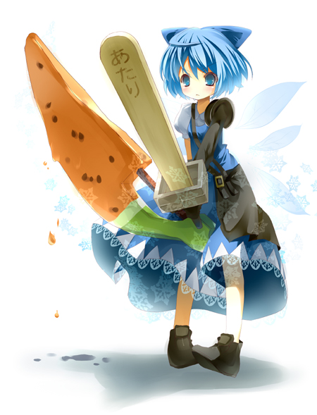nyo (pixiv), nyo nyo (mammal), cirno, advent cirno, touhou, 1girl, blue hair, female focus, food, fruit, parody, ribbon, short hair, solo, sword, watermelon, weapon, wings