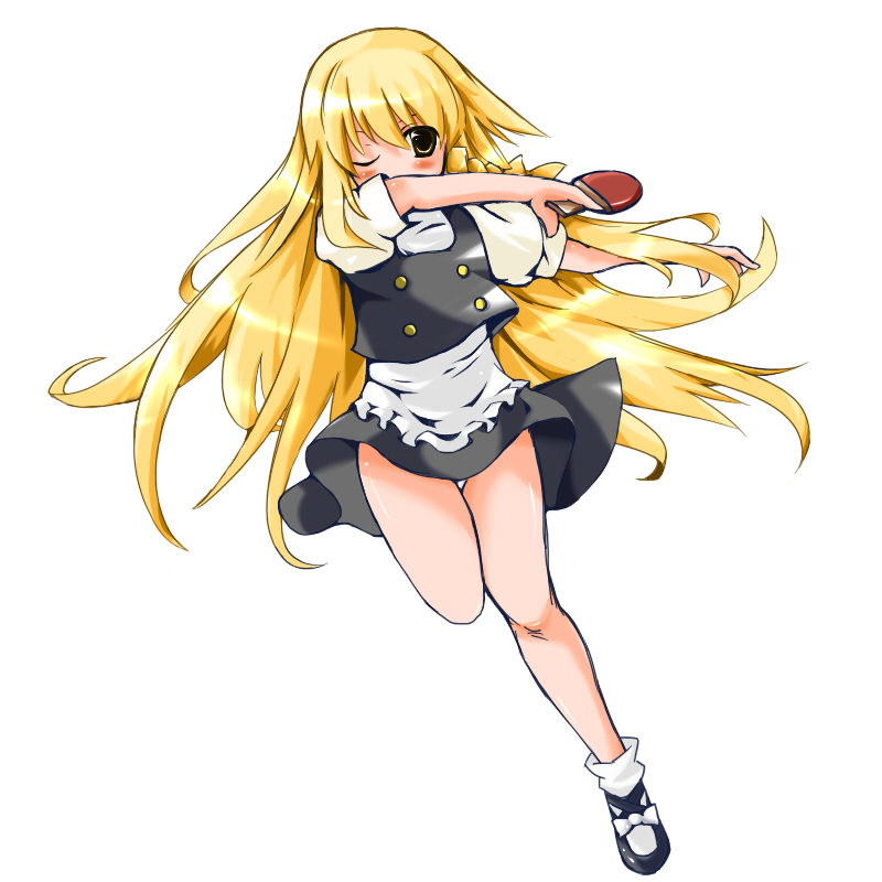 natsunagi takaki, kirisame marisa, touhou, bad id, bad pixiv id, 1girl, blonde hair, female focus, long hair, paddle, panties, solo, table tennis, table tennis paddle, underwear, white panties