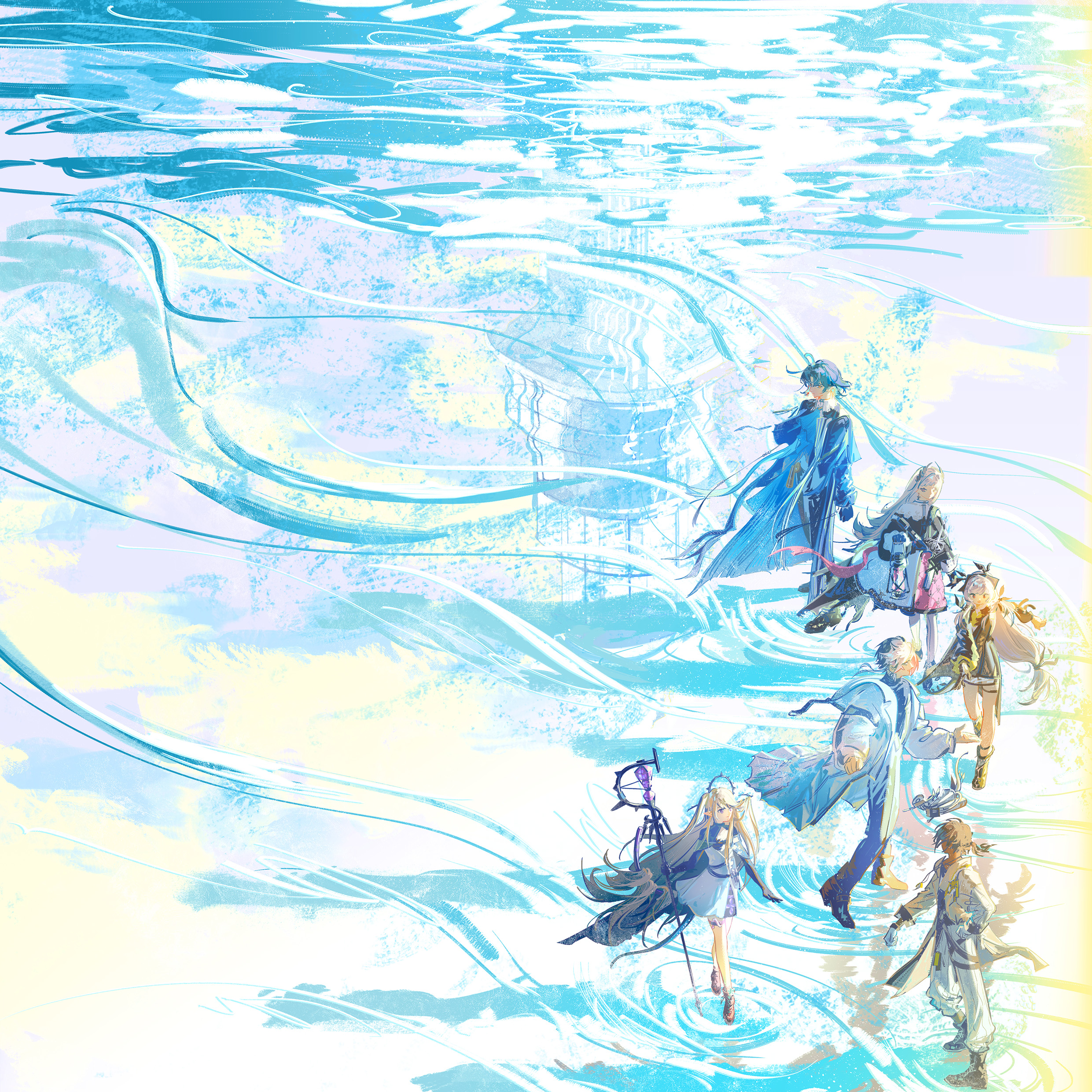 lyylinkong, elysium (arknights), indigo (arknights), irene (arknights), thorns (arknights), thorns the lodestar (arknights), weedy (arknights), arknights, absurdres, highres, 3boys, 3girls, black hair, blonde hair, blue hair, boots, coat, contrapposto, dress, holding, holding lamp, holding staff, jacket, lighthouse, long hair, lumen (fantasy earth zero), medium hair, multicolored hair, multiple boys, multiple girls, ponytail, reaching, reaching towards another, reflection, ripples, serious, short hair, skirt, smile, staff, standing, standing on liquid, two-tone hair, very wide shot, walking, waves, white hair, yellow eyes
