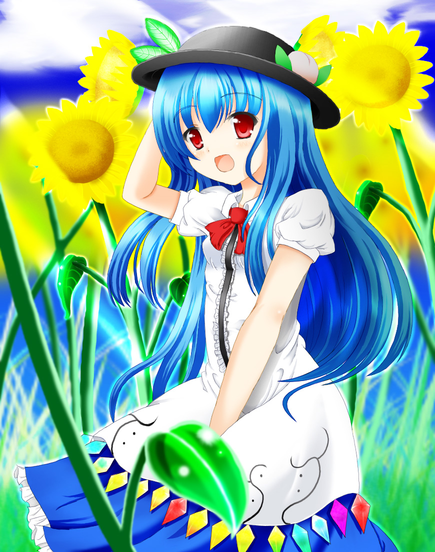 komatsu nameiya, hinanawi tenshi, touhou, bad id, bad pixiv id, 1girl, blue hair, cloud, female focus, flower, food, fruit, hat, long hair, outdoors, peach, plant, ribbon, sitting, sky, solo, sunflower