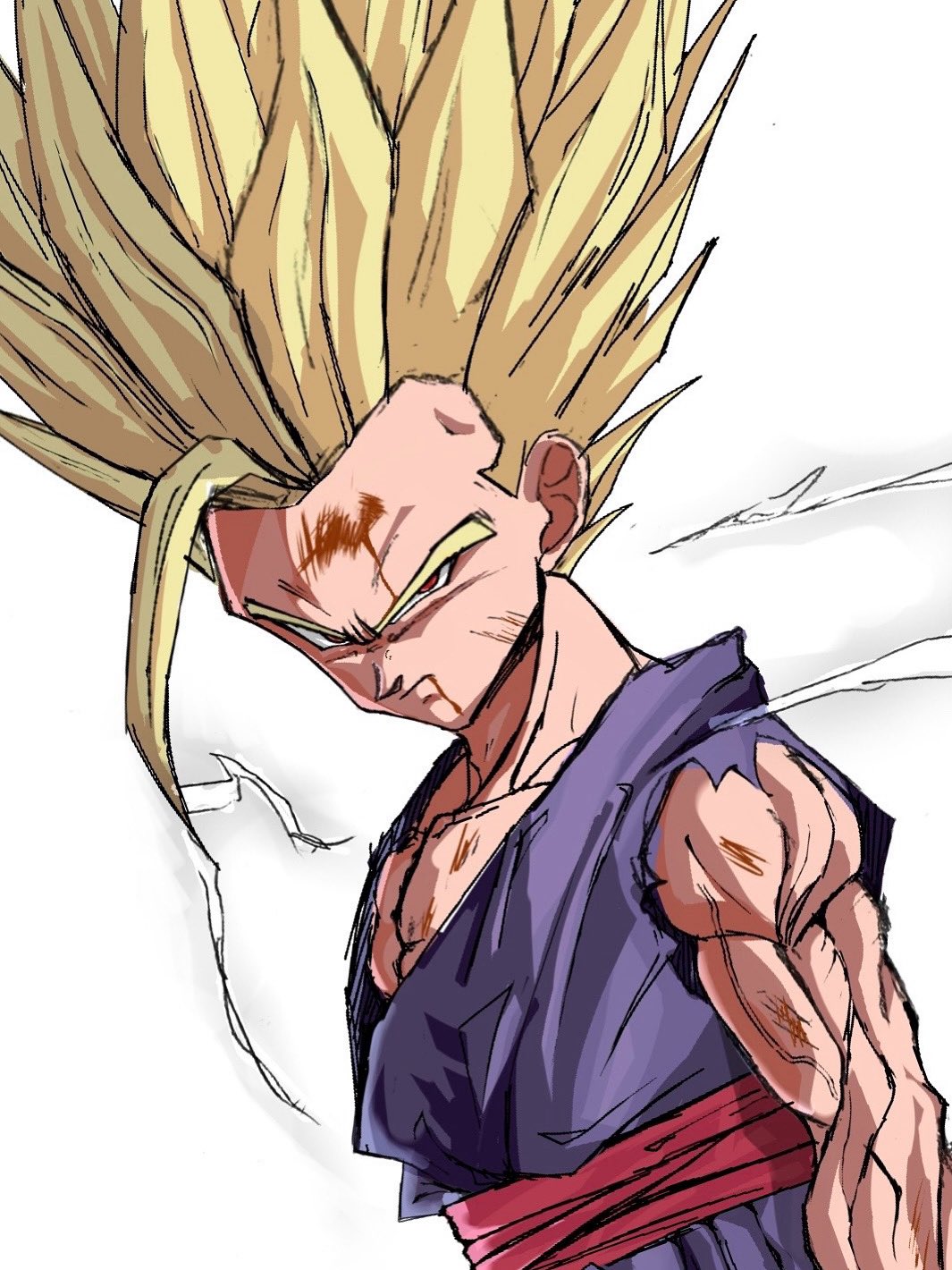 son gohan, dragon ball, dragonball z, highres, 1boy, blonde hair, blood, blood on face, cowboy shot, dougi, electricity, furotyazuke1106, green eyes, grey background, purple shirt, red eyes, red sash, sash, shirt, simple background, solo, spiked hair, super saiyan, super saiyan 2