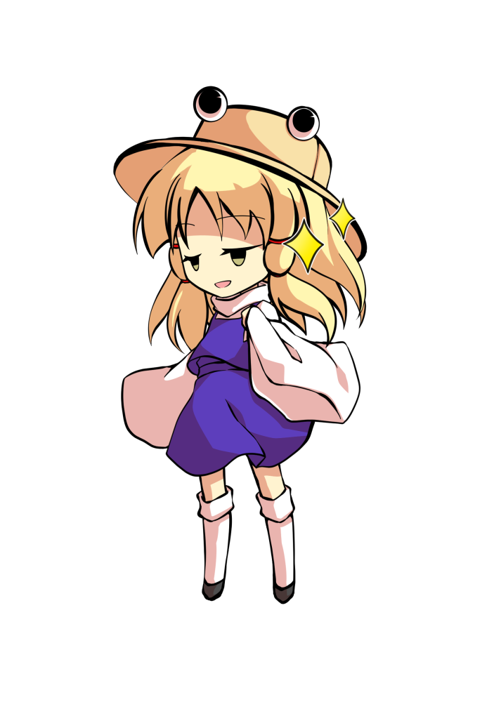 dairi, moriya suwako, touhou, commentary request, large variant set, variant set, 1girl, black shoes, blonde hair, chibi, chibi only, frog hat, full body, hand up, kneehighs, purple skirt, purple vest, shirt, shoes, skirt, skirt set, socks, solo, tachi-e, transparent background, vest, white shirt, white socks, wide sleeves