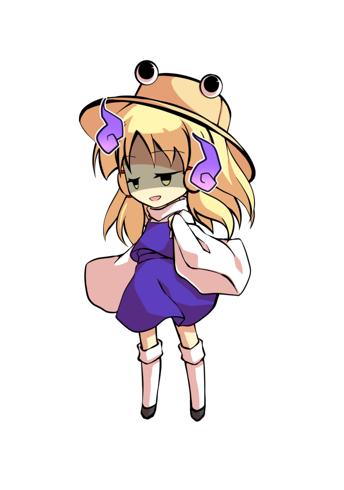dairi, moriya suwako, touhou, commentary request, large variant set, variant set, 1girl, black shoes, blonde hair, chibi, chibi only, frog hat, full body, hand up, kneehighs, purple skirt, purple vest, shirt, shoes, skirt, skirt set, socks, solo, tachi-e, transparent background, vest, white shirt, white socks, wide sleeves