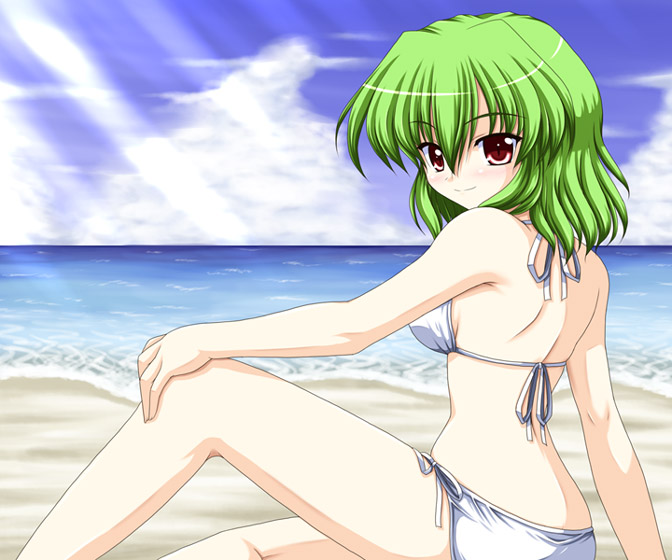 bococho, kazami yuuka, touhou, 1girl, back, beach, bikini, blush, breasts, brown eyes, cloud, day, female focus, green hair, legs, medium breasts, ocean, outdoors, red eyes, short hair, side-tie bikini bottom, sideboob, sitting, sky, slit pupils, smile, solo, swimsuit, white bikini