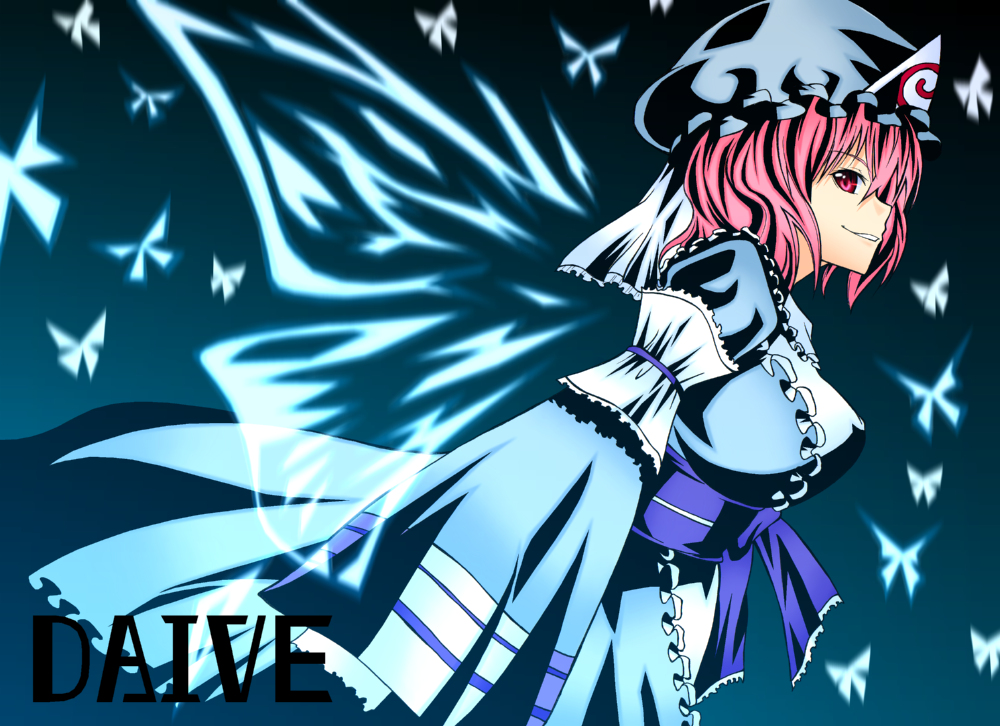 daive, saigyouji yuyuko, touhou, bad id, bad pixiv id, 1girl, breasts, bug, butterfly, dress, female focus, gradient background, hat, insect, japanese clothes, kimono, pink eyes, pink hair, ribbon, short hair, solo, wings