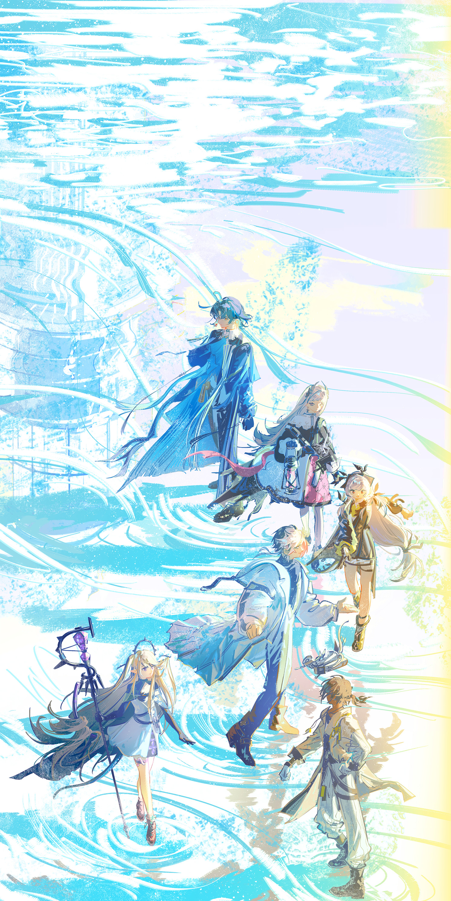 lyylinkong, elysium (arknights), indigo (arknights), irene (arknights), thorns (arknights), thorns the lodestar (arknights), weedy (arknights), arknights, absurdres, highres, 3boys, 3girls, black hair, blonde hair, blue hair, boots, coat, contrapposto, dress, holding, holding lamp, holding staff, jacket, lighthouse, long hair, lumen (fantasy earth zero), medium hair, multicolored hair, multiple boys, multiple girls, ponytail, reaching, reaching towards another, reflection, ripples, serious, short hair, skirt, smile, staff, standing, standing on liquid, two-tone hair, walking, waves, white hair, wide shot, yellow eyes