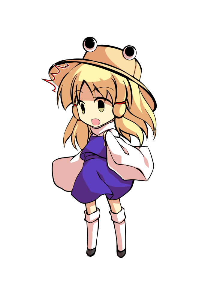dairi, moriya suwako, touhou, commentary request, large variant set, variant set, 1girl, black shoes, blonde hair, chibi, chibi only, frog hat, full body, hand up, kneehighs, purple skirt, purple vest, shirt, shoes, skirt, skirt set, socks, solo, tachi-e, transparent background, vest, white shirt, white socks, wide sleeves