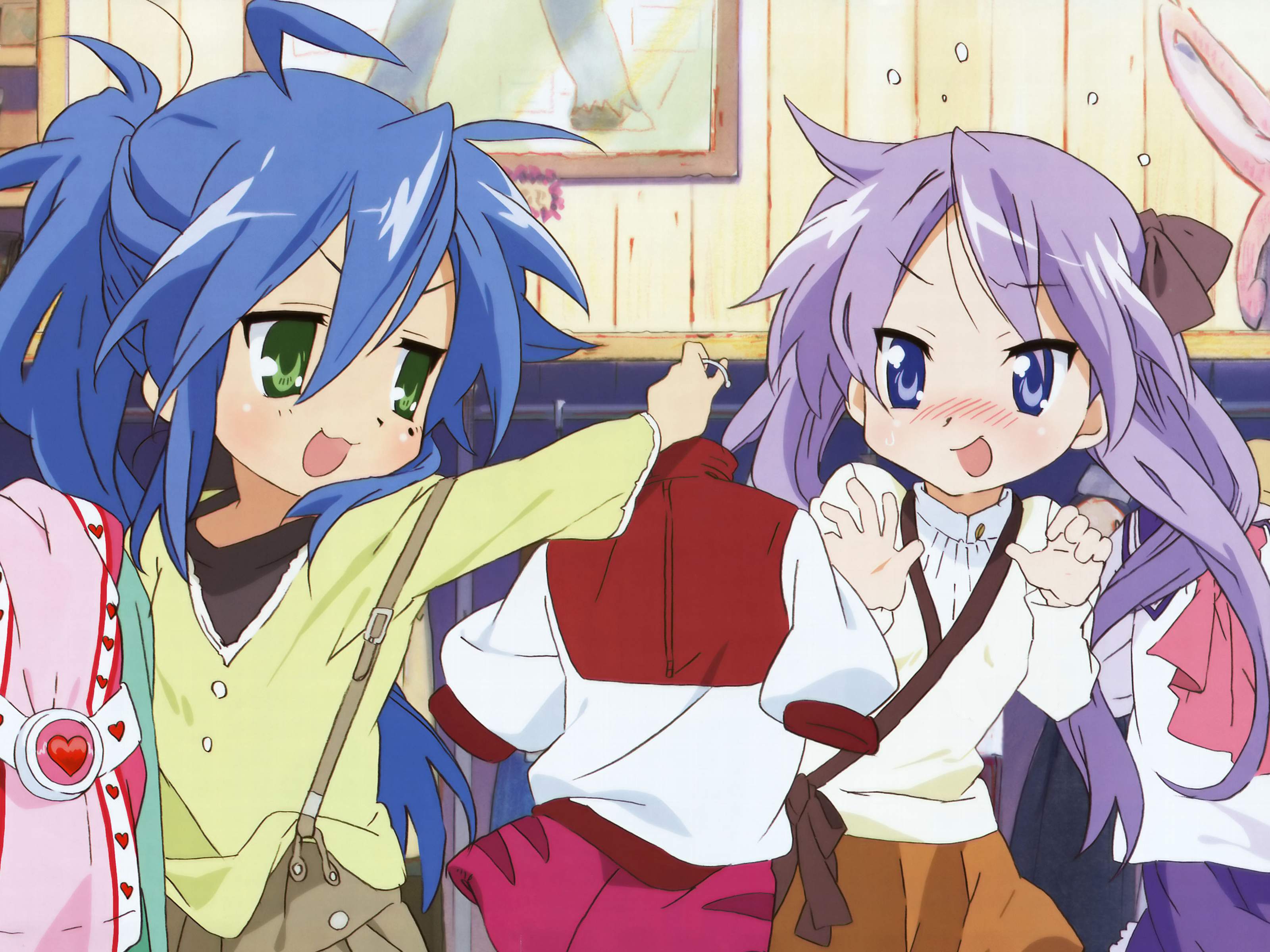 hiiragi kagami, izumi konata, lucky star, absurdres, highres, non-web source, 00s, 2girls, blue eyes, blue hair, blush, dress-up, green eyes, mole, mole under eye, multiple girls, ponytail, purple hair, shopping, twintails