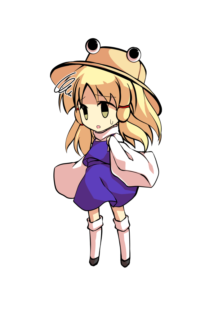 dairi, moriya suwako, touhou, commentary request, large variant set, variant set, 1girl, black shoes, blonde hair, chibi, chibi only, frog hat, full body, hand up, kneehighs, purple skirt, purple vest, shirt, shoes, skirt, skirt set, socks, solo, tachi-e, transparent background, vest, white shirt, white socks, wide sleeves