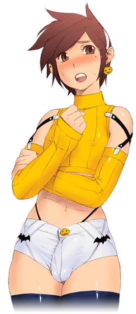 po-ju, 1boy, androgynous, bare shoulders, blush, bulge, crossdressing, crossdressing (mtf), detached sleeves, earrings, erection, erection under clothes, halterneck, jewelry, male focus, midriff, navel, open mouth, penis, short hair, shorts, shota, simple background, sleeveless, sleeveless turtleneck, solo, thighhighs, turtleneck, white background