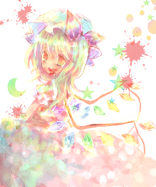 koazu, flandre scarlet, touhou, 1girl, blonde hair, blood, female focus, hat, red eyes, solo, white background, wings