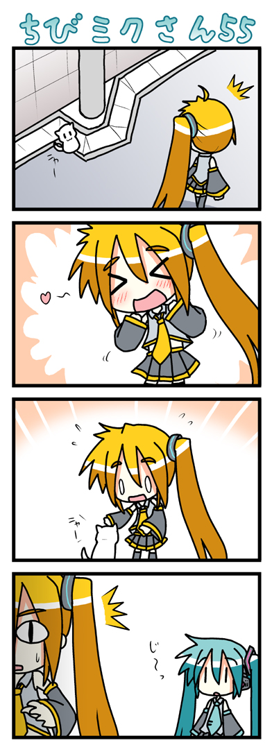 minami (colorful palette), akita neru, chibi miku, hatsune miku, vocaloid, long image, tall image, > <, 0 0, 4koma, ^^^, aqua hair, blush, cat, caught, chibi, closed eyes, comic, headpat, heart, silent comic, slit pupils, tsundere, | |