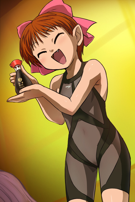 haruyama kazunori, nekomusume, gegege no kitarou, kikkoman, speedo (company), toei company, 1girl, black one-piece swimsuit, bodysuit, bottle, bow, closed eyes, competition swimsuit, diving suit, fang, female focus, hair bow, hair ribbon, loli, one-piece swimsuit, pink bow, pointy ears, red hair, ribbon, short hair, solo, soy sauce, speedo lzr racer, swimsuit, wetsuit