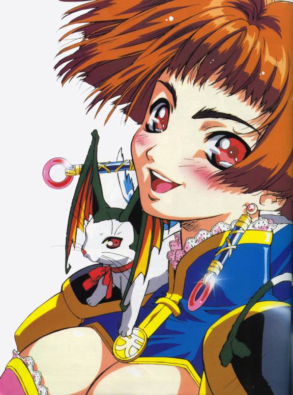nishida asako, li meifon, tafai (angel links), angel links, official art, 1990s (style), 1girl, alternate eye color, alternate hair color, animal, animal on shoulder, armor, bat wings, blush, bob cut, breasts, brown hair, cat, choker, cleavage, cleavage cutout, clothing cutout, earrings, female focus, from side, glint, head wings, jewelry, lace, large breasts, looking at viewer, pauldrons, red eyes, retro artstyle, ribbon, ribbon choker, short hair, shoulder armor, simple background, solo, turtleneck, upper body, white background, white cat, wings