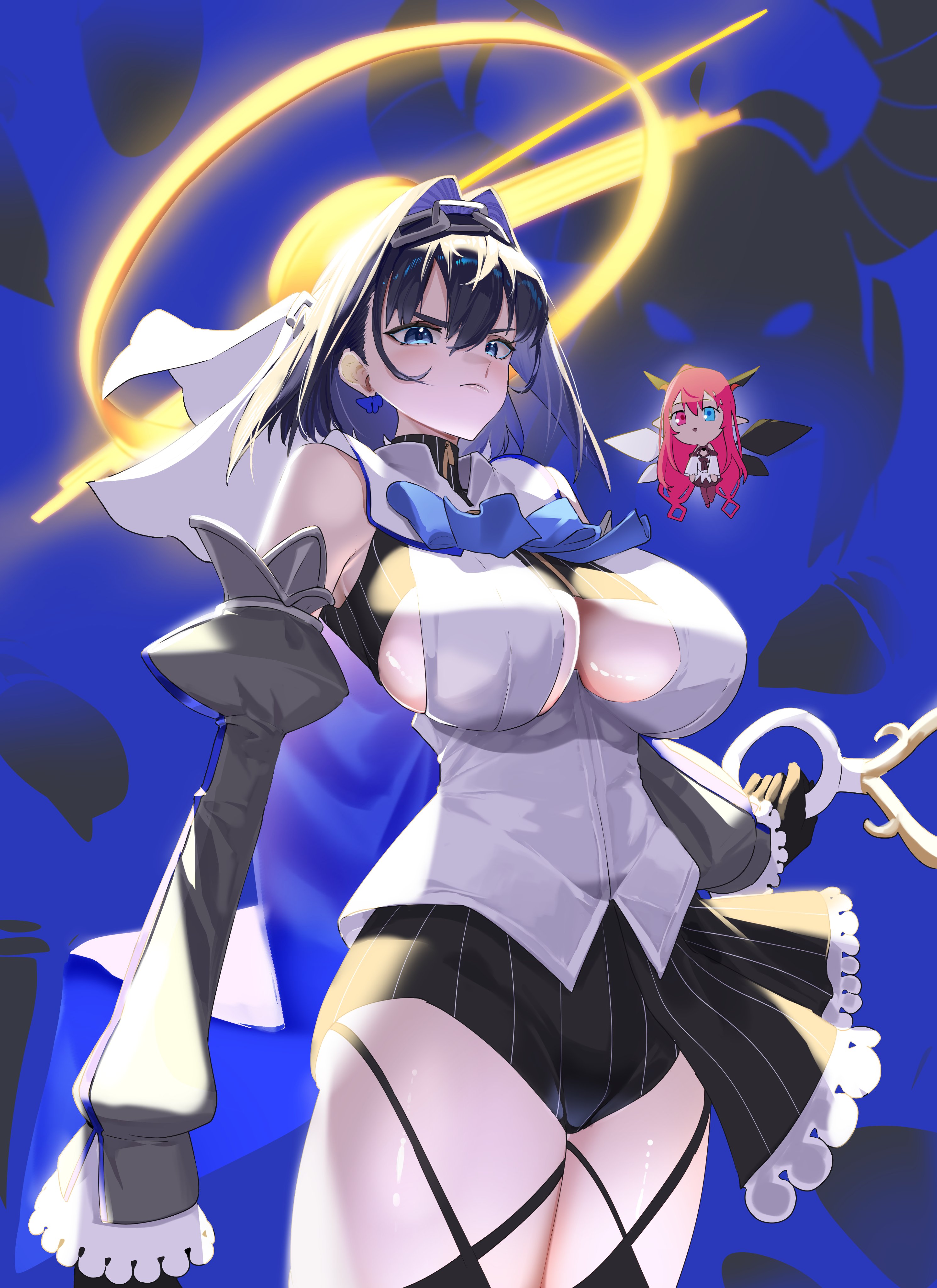 daaku (koizumi arata), irys (hololive), ouro kronii, hololive, hololive english, absurdres, highres, 2girls, black hair, black shorts, blue background, blue eyes, breasts, cleavage, cowboy shot, halo, large breasts, mini person, multiple girls, shirt, short hair, shorts, simple background, solo focus, virtual youtuber, white shirt