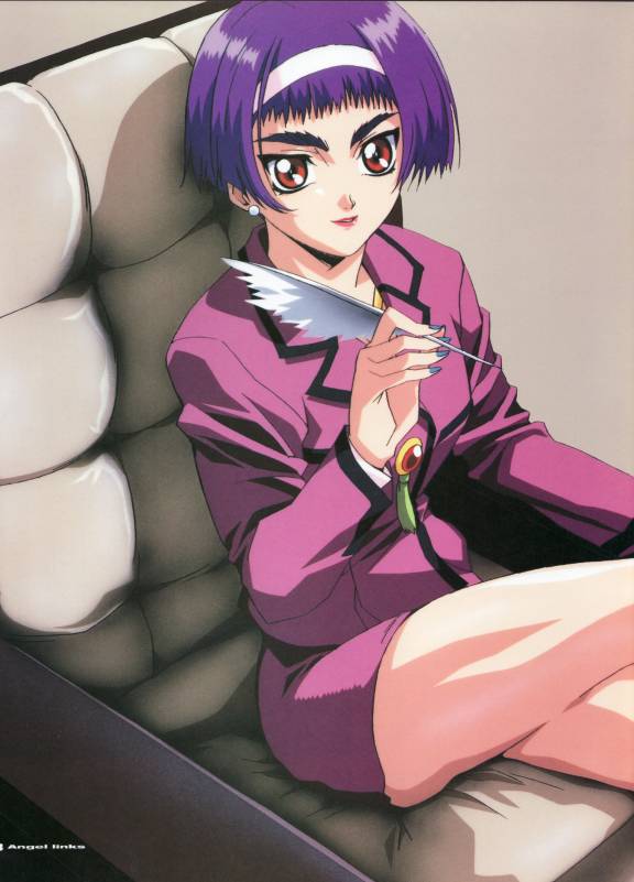li meifon, angel links, official art, scan, 1990s (style), 1girl, alternate costume, blazer, bob cut, brooch, business suit, chair, copyright name, cowboy shot, crossed legs, earrings, female focus, formal clothes, from side, hairband, holding, jacket, jewelry, lipstick, long sleeves, looking at viewer, makeup, miniskirt, pencil skirt, purple hair, quill, red eyes, retro artstyle, short hair, sitting, skirt, skirt suit, smile, solo, suit, tassel, thick eyebrows, thighs