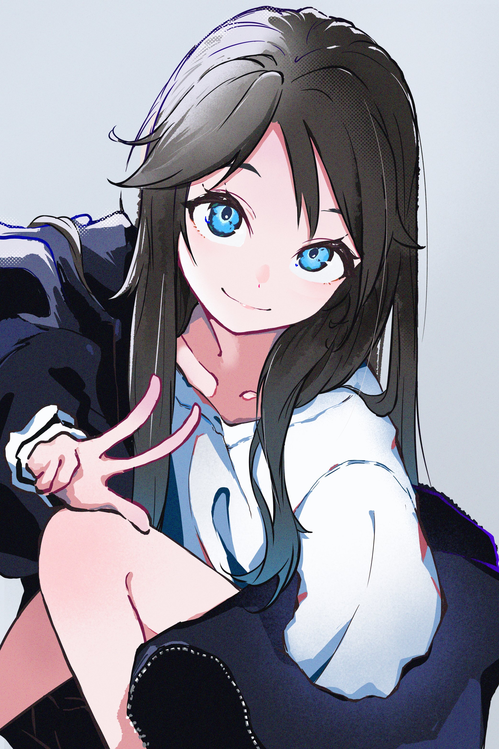 goma (gogo gowa), mitsumine yuika, idolmaster, idolmaster shiny colors, absurdres, highres, 1girl, black coat, black hair, blue eyes, blue hair, coat, coat partially removed, collarbone, eyelashes, flipped bangs, gradient hair, long hair, long sleeves, looking at viewer, multicolored hair, parted bangs, shirt, sitting, solo, straight hair, w, white background, white shirt