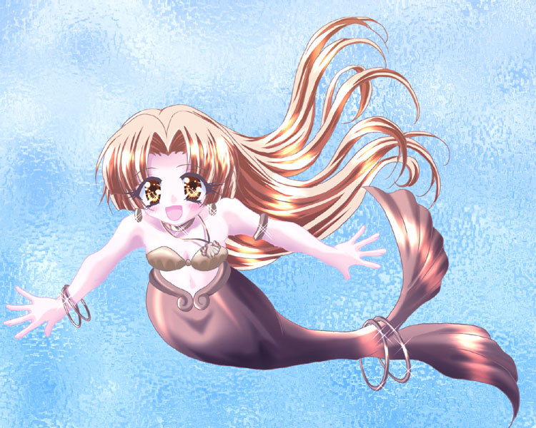 yukinyan, seira (mermaid melody pichi pichi pitch), mermaid melody pichi pichi pitch, 00s, 1girl, :d, choker, female focus, jewelry, long hair, mermaid, monster girl, open mouth, orange hair, smile, solo, yellow eyes