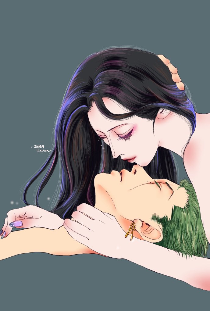 tamago (tamago009003), nico robin, roronoa zoro, one piece, commentary request, 1boy, 1girl, black hair, closed mouth, dated, earrings, eyelashes, eyeshadow, green hair, incoming kiss, jewelry, long hair, makeup, purple nails, red lips, scar, scar across eye, scar on face, short hair