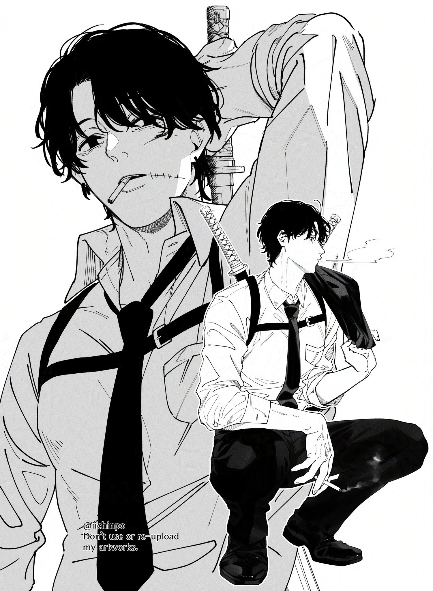 iichinpo, kishibe (chainsaw man), kishibe (young) (chainsaw man), chainsaw man, commentary request, highres, 1boy, chest belt, cigarette, collared shirt, earrings, full body, greyscale, holding, holding cigarette, holding unworn jacket, jewelry, long sleeves, looking at viewer, male focus, monochrome, mouth hold, multiple views, necktie, pants, pocket, shirt, shoes, short hair, smoke, squatting, stitched face, stitched mouth, stitches, upper body, weapon, weapon on back