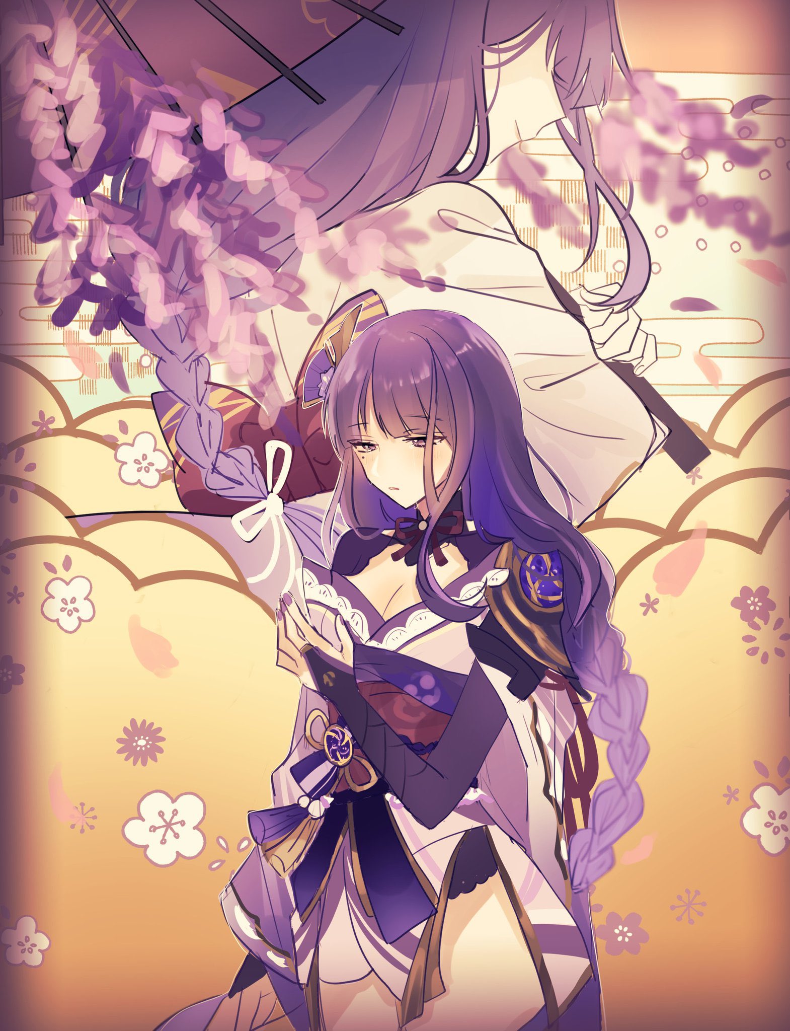 naaaa 0908, makoto (genshin impact), raiden shogun, genshin impact, commentary request, highres, 2girls, armor, asymmetrical sleeves, black panties, blunt bangs, braid, breasts, bridal gauntlets, cleavage, clothing cutout, fan hair ornament, flower, flower ornament, from side, gradient hair, hair ornament, holding, holding umbrella, japanese clothes, kimono, large breasts, light blush, light smile, long braid, mitsudomoe (shape), mole, mole under eye, multicolored hair, multiple girls, neck ribbon, off shoulder, oil-paper umbrella, open mouth, panties, purple eyes, purple flower, purple hair, purple kimono, purple nails, red ribbon, red sash, ribbon, sash, shade, shoulder armor, shoulder cutout, siblings, single braid, sisters, standing, streaked hair, thick thighs, thighs, tomoe (symbol), twins, umbrella, underwear, uneven sleeves, upper body, wisteria