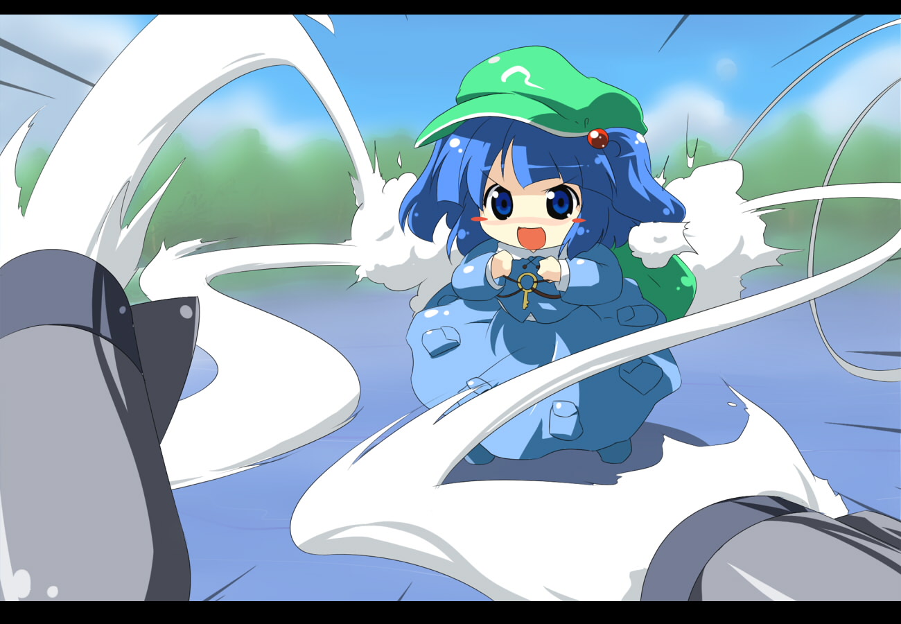oka (bananashoe), kawashiro nitori, touhou, 1girl, bag, blue hair, female focus, hat, letterboxed, missile, nature, outdoors, plant, short hair, skirt, sky, solo, two side up