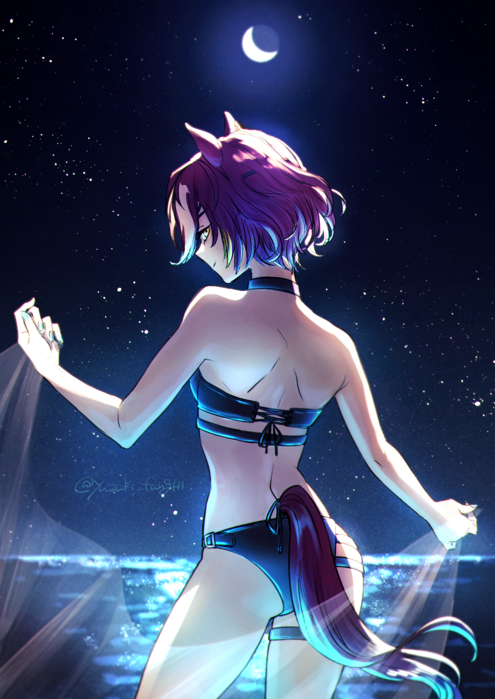 yuzuki v, tanino gimlet (umamusume), umamusume, highres, 1girl, animal ears, ass, bare shoulders, bikini, black bikini, black choker, breasts, choker, closed mouth, crescent moon, from behind, horizon, horse ears, horse girl, horse tail, looking at viewer, looking back, moon, multicolored hair, night, night sky, ocean, outdoors, purple hair, sky, small breasts, smile, solo, star (sky), starry sky, swimsuit, tail, transparent, two-tone hair, water, white hair