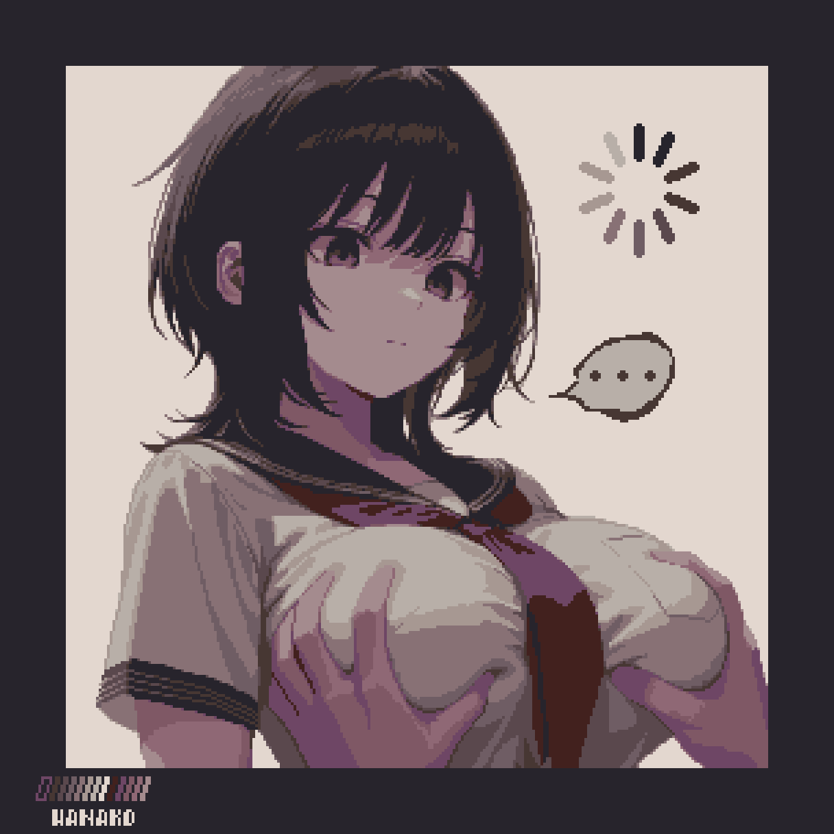 specialhanako, original, highres, …, 1girl, black hair, blue sailor collar, blunt bangs, breast pocket, breasts, brown hair, closed mouth, confused, grabbing another's breast, groping, large breasts, loading icon, medium hair, neckerchief, pixel art, pocket, red neckerchief, sailor collar, school uniform, serafuku, shirt, short sleeves, sidelocks, solo, white shirt