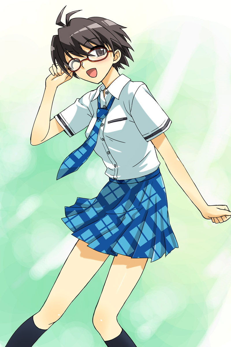 michael f91, kikuchi makoto, idolmaster, idolmaster (classic), highres, 00s, adjusting eyewear, antenna hair, blush, glasses, kneehighs, necktie, one eye closed, rough time school, school uniform, serafuku, short hair, socks, wink