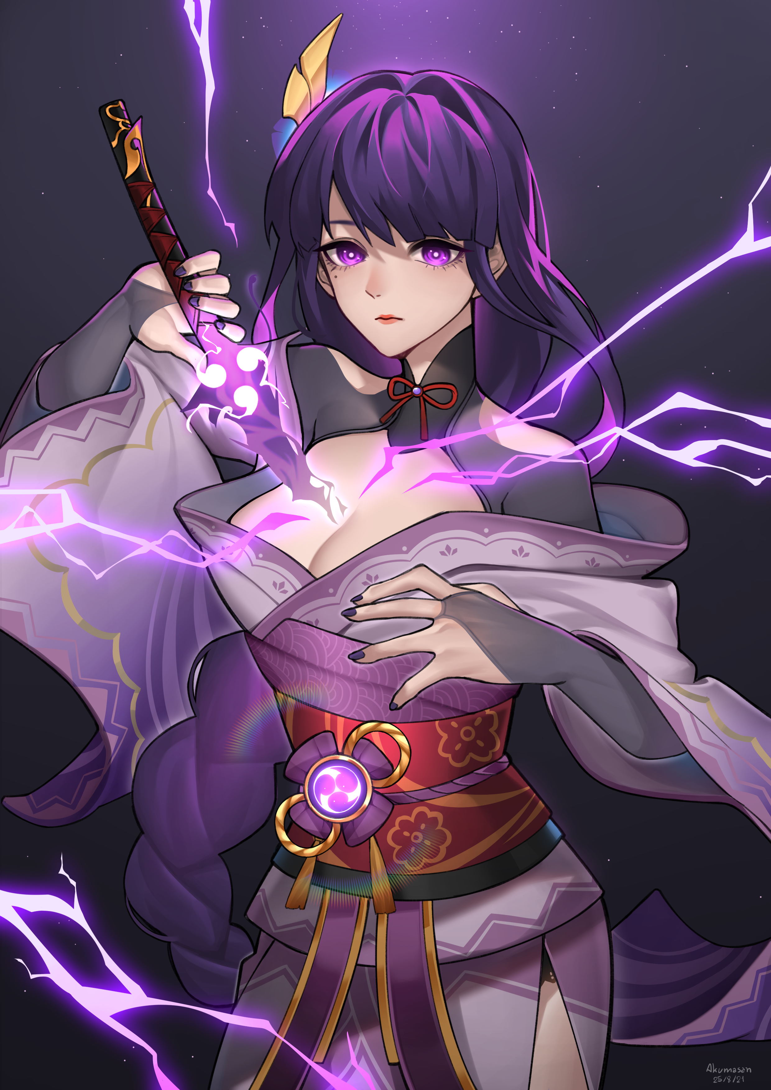 raiden shogun, genshin impact, absurdres, highres, 1girl, arm up, blunt bangs, braid, breasts, bridal gauntlets, cleavage, closed mouth, clothing cutout, drawing sword, electricity, fan hair ornament, flower, flower ornament, glowing, glowing sword, glowing weapon, gradient background, hair ornament, holding, holding sword, holding weapon, human scabbard, jame9136, japanese clothes, kimono, large breasts, light particles, long braid, mitsudomoe (shape), mole, mole under eye, multicolored hair, musou isshin (genshin impact), off shoulder, powering up, purple background, purple eyes, purple flower, purple hair, purple kimono, sash, shoulder cutout, single braid, solo, standing, sword, sword between breasts, tomoe (symbol), upper body, weapon