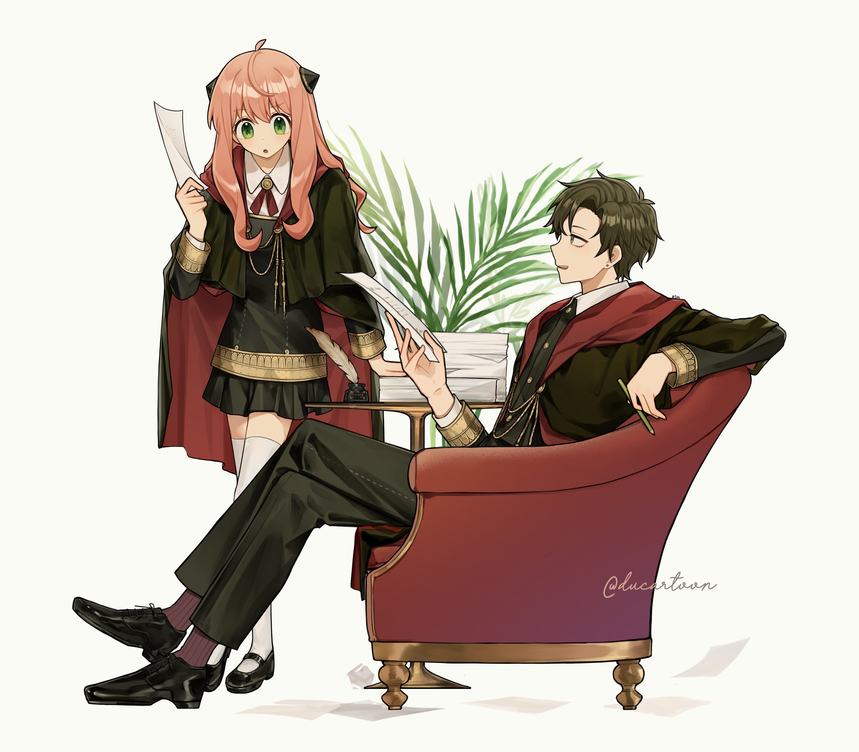 ducartoon, anya (spy x family), damian desmond, spy x family, absurdres, commentary, highres, 1boy, 1girl, ahoge, black hair, black shoes, cape, crossed arms, full body, green eyes, hairpods, holding, holding paper, holding pen, long hair, paper, pen, pink hair, purple socks, school uniform, shoes, short hair, socks, thighhighs, twitter username, white thighhighs