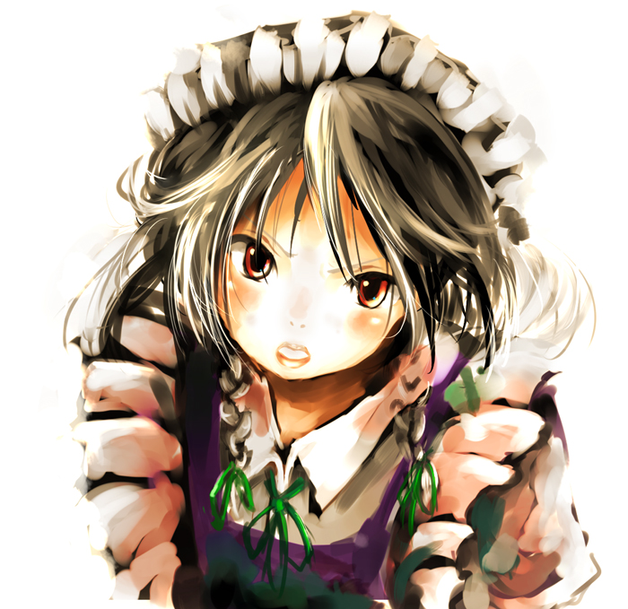 yae (mono110), izayoi sakuya, touhou, silver hair, 1girl, braid, female focus, short hair, solo, twin braids