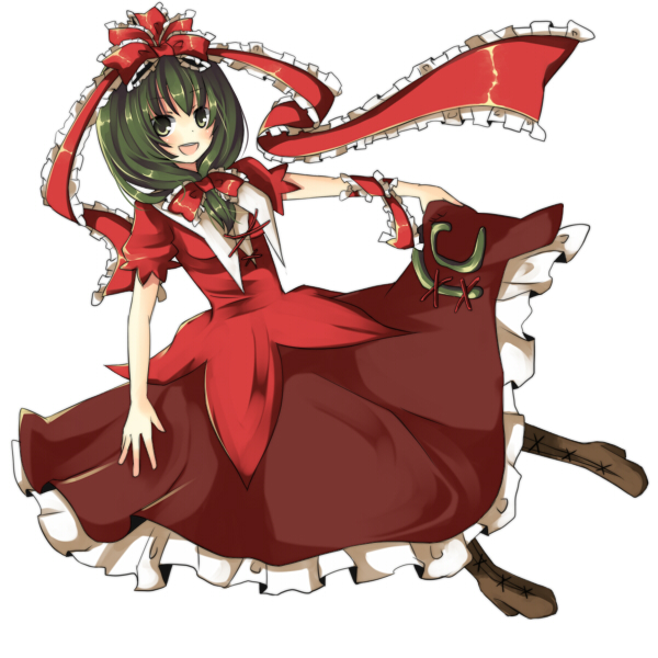 umi (umi02), kagiyama hina, touhou, 1girl, bow, bowtie, dress, female focus, front ponytail, green eyes, green hair, hair bow, looking at viewer, matching hair/eyes, puffy short sleeves, puffy sleeves, red bow, red bowtie, red dress, shawl, short sleeves, simple background, skirt hold, solo, white background