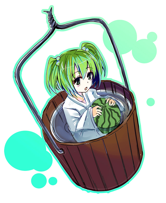 gotyou, kisume, touhou, 1girl, bucket, bucket of water, female focus, food, fruit, green hair, holding, holding food, holding fruit, holding watermelon, in bucket, in container, solo, watermelon