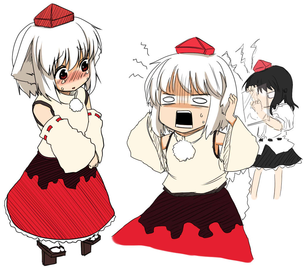 negija, inubashiri momiji, shameimaru aya, touhou, 2girls, black hair, chibi, detached sleeves, female focus, geta, glass, hat, multiple girls, o o, red eyes, short hair, tears, tengu-geta, white hair