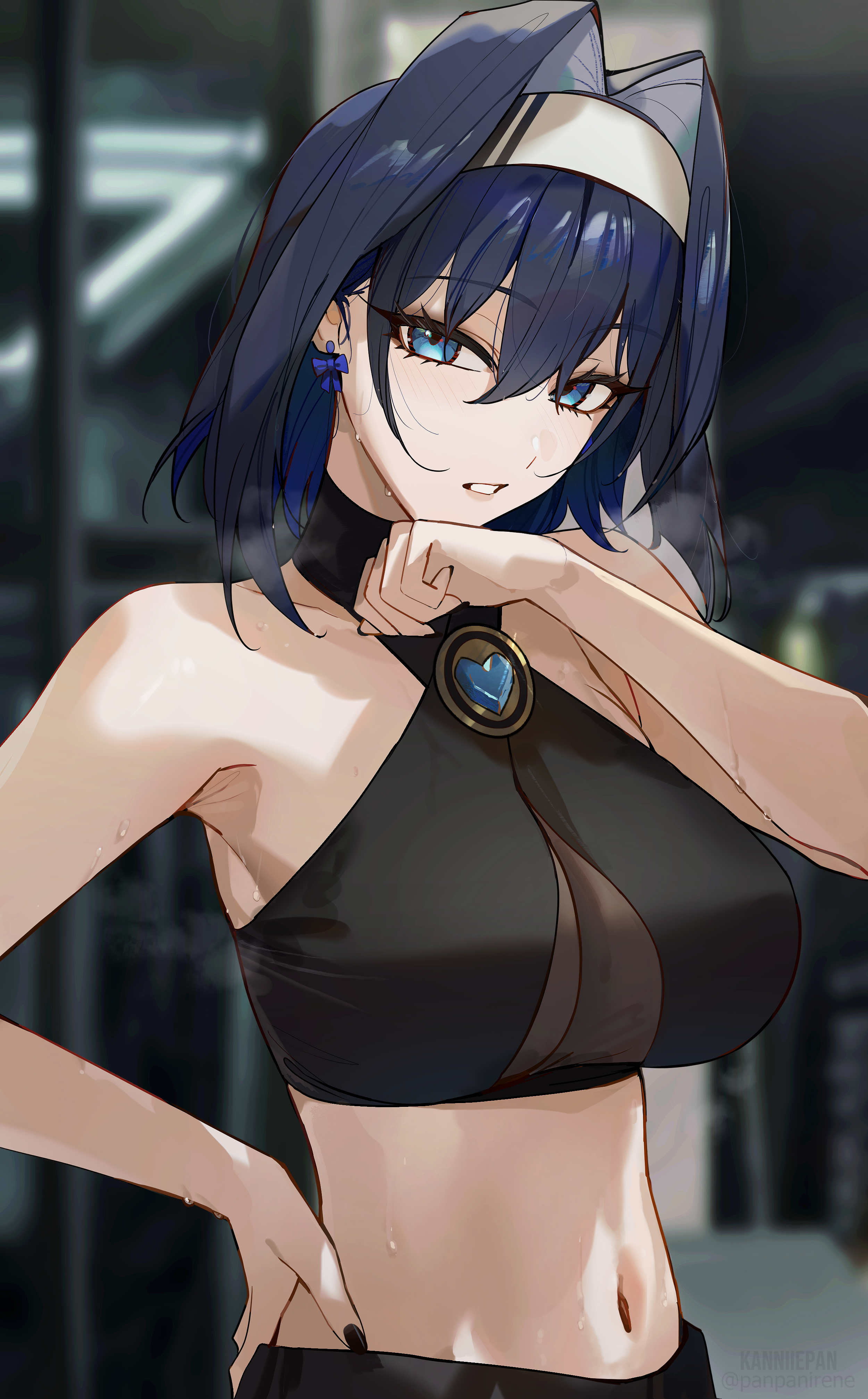 kanniiepan, ouro kronii, hololive, hololive english, absurdres, commentary, english commentary, highres, 1girl, alternate costume, artist name, black nails, black shirt, blue eyes, blue gemstone, blue hair, blurry, blurry background, bow, bow earrings, breasts, crop top, earrings, fingernails, gem, hair between eyes, hair intakes, hairband, hand on own hip, heart-shaped gem, jewelry, large breasts, light blush, long fingernails, looking at viewer, medium hair, midriff, nail polish, navel, parted lips, shirt, sleeveless, sleeveless shirt, solo, sweat, twitter username, upper body, virtual youtuber, white hairband