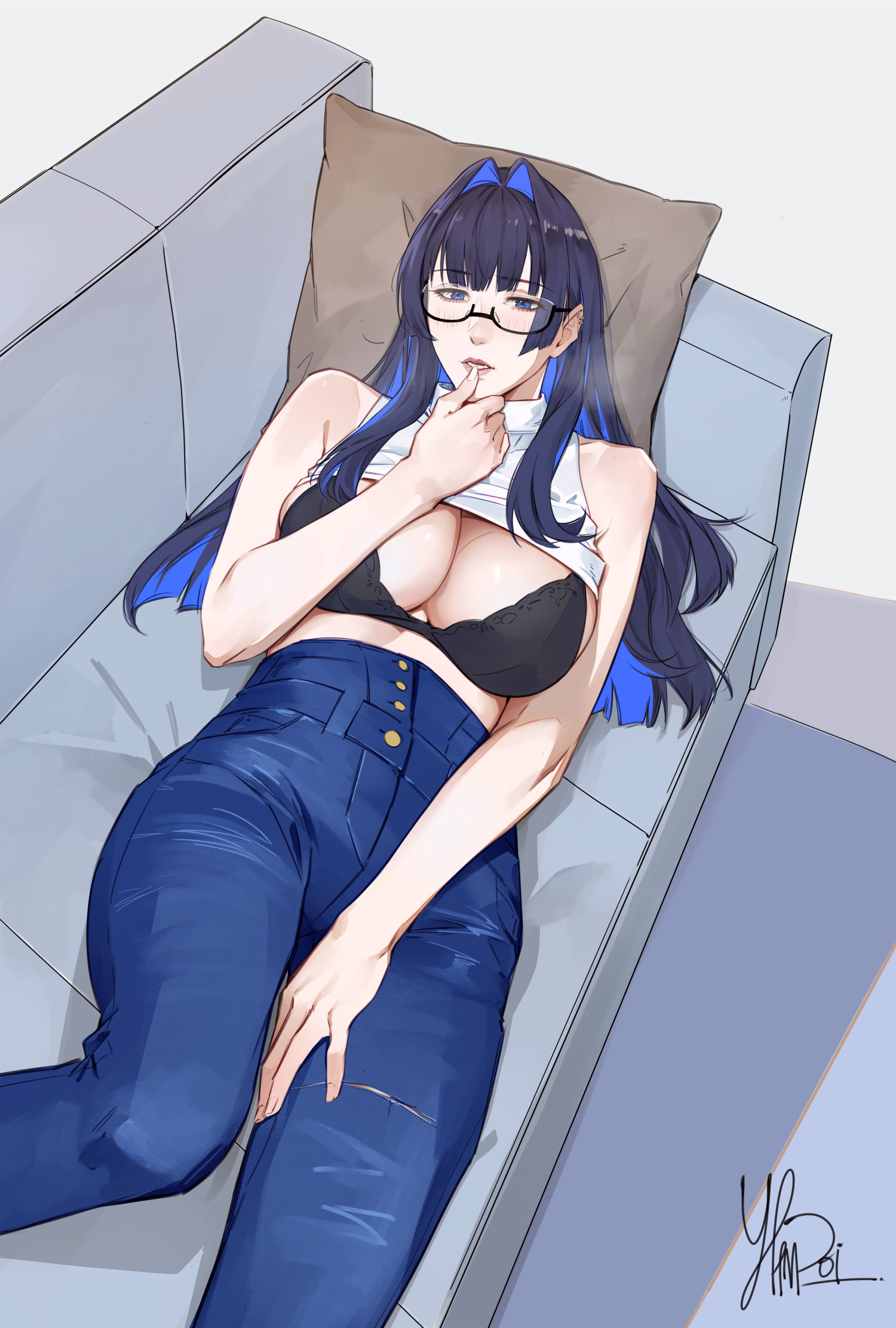 yukimpoi, ouro kronii, hololive, hololive english, highres, 1girl, black bra, blue hair, bra, colored inner hair, couch, cowboy shot, denim, finger to mouth, from above, glasses, hair intakes, hand on own face, high-waist pants, jeans, long hair, looking up, lying, multicolored hair, on couch, open mouth, pants, shirt rolled up, solo, underwear