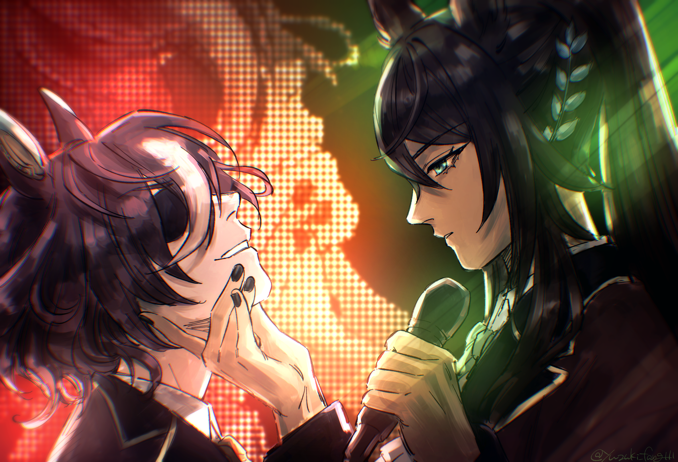 yuzuki v, symboli kris s (umamusume), tanino gimlet (umamusume), umamusume, highres, 2girls, animal ears, black hair, black jacket, black nails, blue eyes, collared shirt, eyepatch, from side, grabbing another's chin, hair between eyes, hand on another's chin, holding, holding microphone, horse ears, jacket, long hair, looking at another, microphone, multicolored hair, multiple girls, nail polish, ponytail, profile, shirt, smile, two-tone hair, upper body, white hair, white shirt