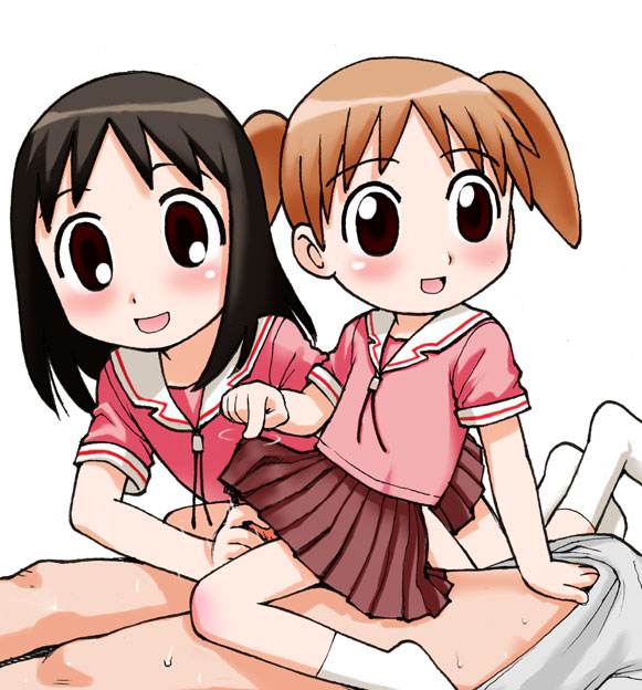 kasuga ayumu, mihama chiyo, azumanga daiou, 2girls, black hair, handjob, loli, multiple girls, penis, pleated skirt, school uniform, serafuku, short sleeves, short twintails, skirt, sweat, twintails, white background