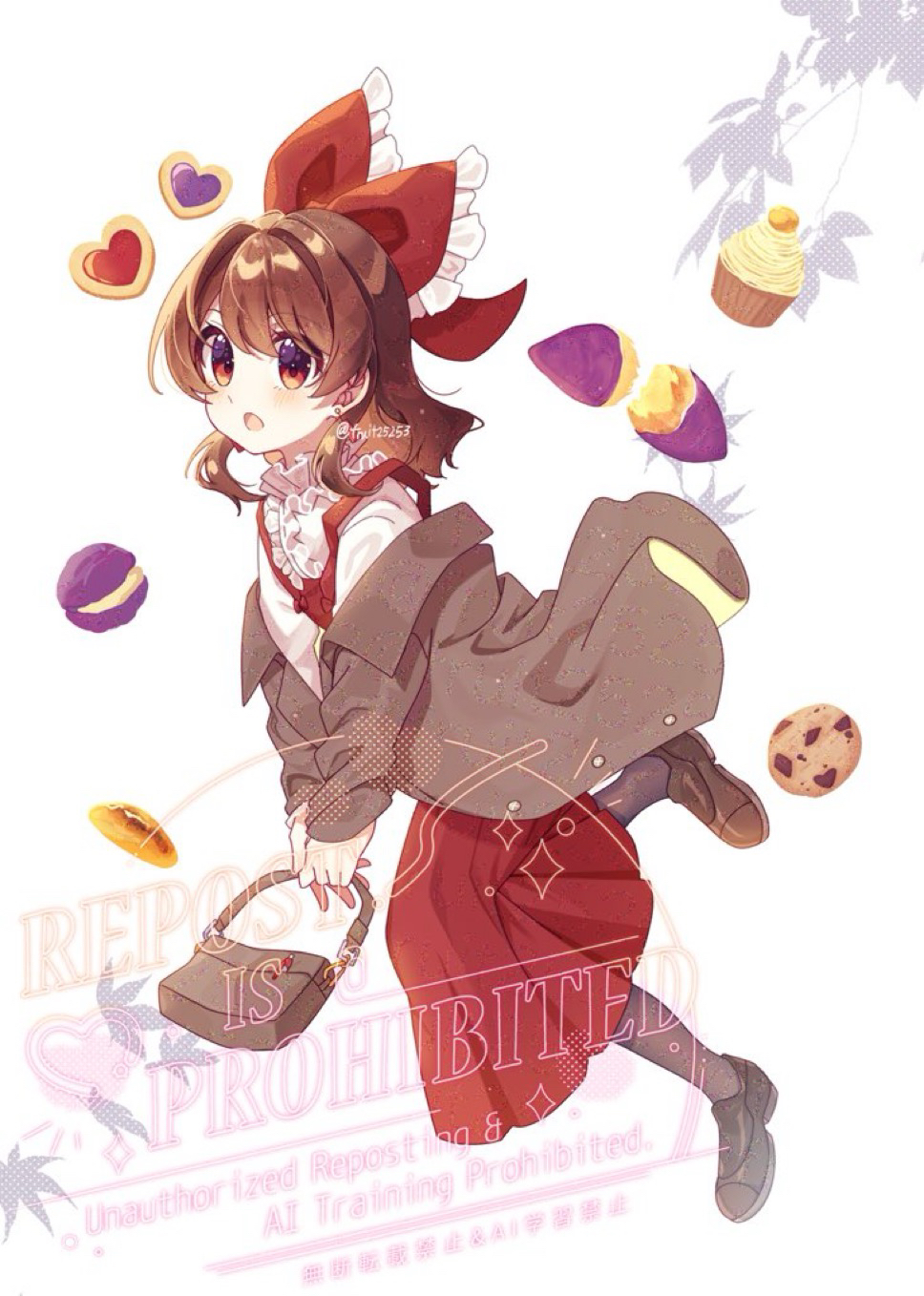 fruit (kudamono yasai), hakurei reimu, touhou, commentary request, food request, highres, 1girl, alternate costume, bag, bow, brown bag, brown eyes, brown hair, brown jacket, brown pantyhose, brown shoes, chocolate chip cookie, cookie, cupcake, dress, earrings, food, frilled bow, frilled hair tubes, frills, hair bow, hair tubes, heart, heart-shaped cookie, heart-shaped food, holding, holding bag, jacket, jewelry, long hair, macaron, open clothes, open jacket, open mouth, pantyhose, red bow, red dress, roasted sweet potato, shoes, solo, sweet potato, twitter username, watermark