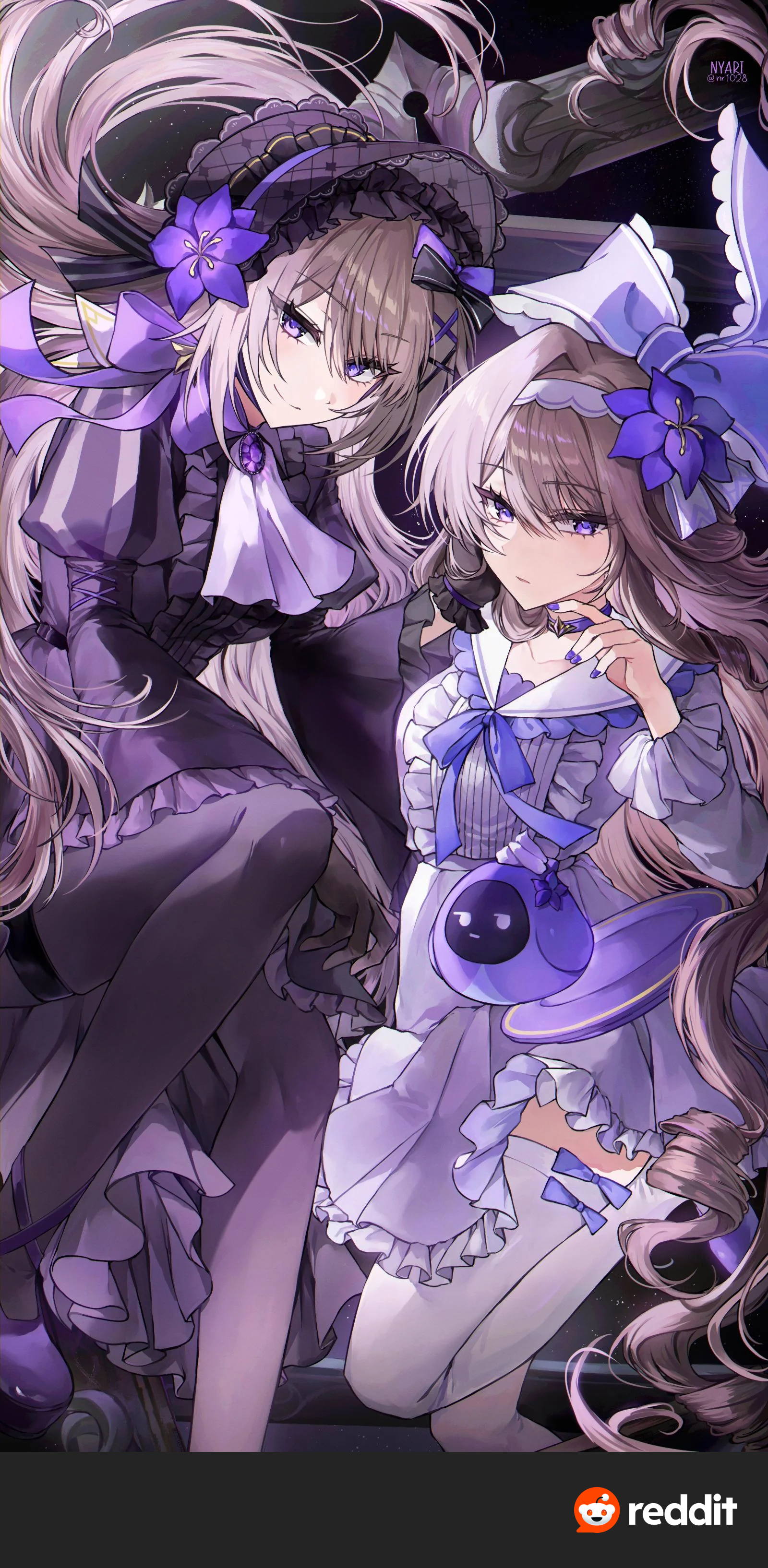 nyari, herta (honkai: star rail), herta (puppet) (honkai: star rail), herta (puppet) (tea break) (honkai: star rail), herta (simulated universe avatar) (honkai: star rail), the herta (honkai: star rail), the herta (tea break) (honkai: star rail), honkai: star rail, honkai (series), absurdres, highres, md5 mismatch, resolution mismatch, source smaller, 2girls, bonnet, bow, bowtie, dress, dual persona, flower, frilled dress, frilled sleeves, frills, hair ornament, long hair, multiple girls, plate, puffy sleeves, purple bow, purple bowtie, purple eyes, purple flower, purple nails, purple shoes, shoes, thighhighs, x hair ornament