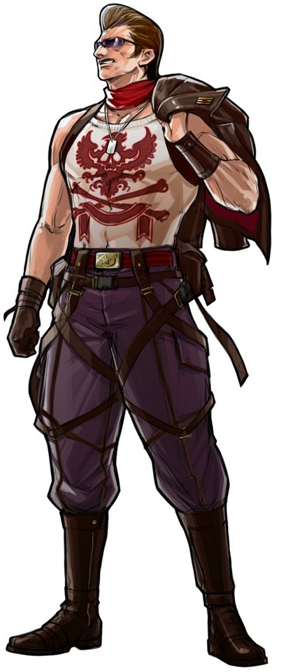 hiroaki (kof), waylon, advance wars, advance wars: days of ruin, official art, 1boy, belt, belt buckle, belt pouch, boots, brown hair, buckle, clenched hand, dog tags, full body, gloves, grin, jacket, knee boots, leather, leather jacket, legs apart, male focus, military, military uniform, muscular, pouch, scarf, short hair, sideburns, simple background, single glove, smile, solo, standing, star (symbol), strap, sunglasses, tank top, wristband